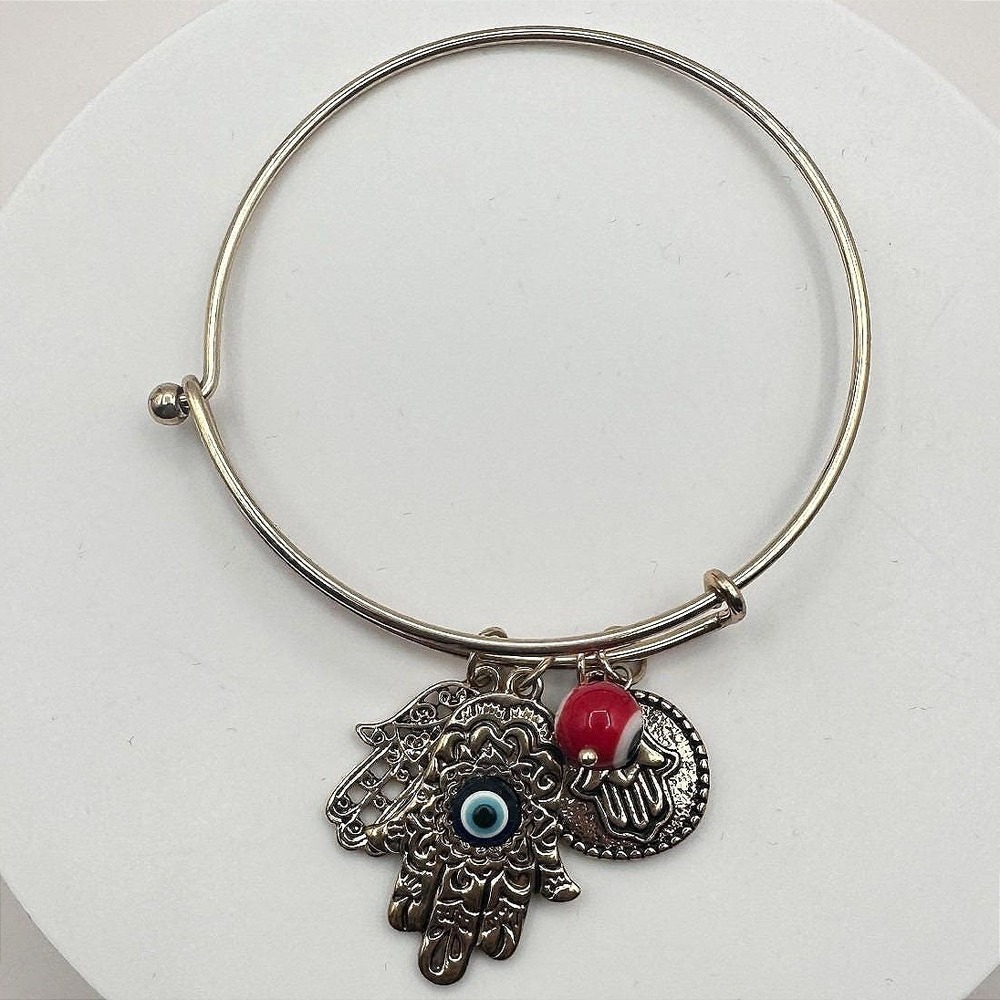Vintage 90s Gold Tone Hamsa Hand Evil Eye‎ Charm Bangle Bracelet Glass Bead Boho